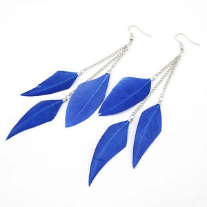 Long boho style earrings with bright blue feathers and silver alloy tassels on white base
