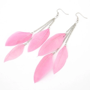 Detail of elegant long tassel earrings with soft pink feathers and silver metal chains