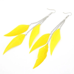 Close-up of bright yellow feather tassel earrings with silver chains on white background