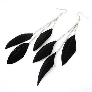 Bohemian alloy earrings featuring long silver chains and flowing black feather tassels