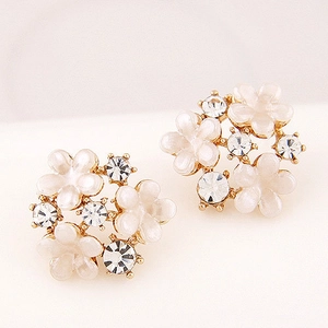 Alloy Flower Stud Earrings With Shell Petals And Czech Rhinestones Sweet Vintage Floral Jewelry For Women
