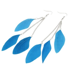 Bohemian royal blue long feather tassel earrings with silver metal chain on white background