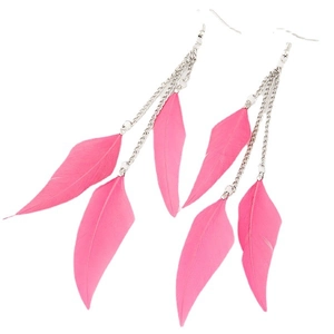 Bohemian long tassel earrings with vibrant fuchsia feathers and silver-toned chains