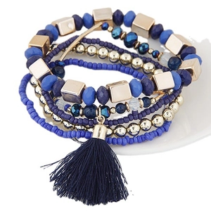 Bohemian multilayer bracelet set with blue crystal beads, gold cubes and silk tassel
