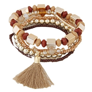 Bohemian multi-layer beaded bracelet set with golden accents and brown tassel charms