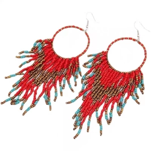 Bohemian Tassel Beaded Earrings For Women Alloy Metal Circle Long Fringe Drop Earrings Ethnic Handmade Jewelry Accessory