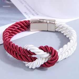 Braided PU leather bracelet with wine red and white ropes and magnetic metal clasp