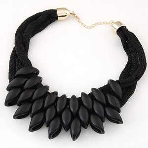 Chunky bohemian statement necklace with black layered resin petals and mesh rope
