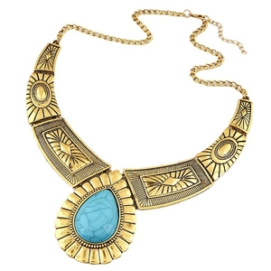 Collier Plastron Bohème Alliage Gravé Goutte D'eau Turquoise Synthétique Pendentif Ethnique Rétro Bijoux Femmes