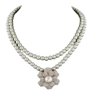 Elegant Double Layer Faux Artificial Pearl Necklace With Pink Enamel Flower Pendant Alloy Vintage Style Jewelry For Women