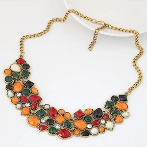 Bohemian statement necklace with colorful geometric crystals and vintage gold chain