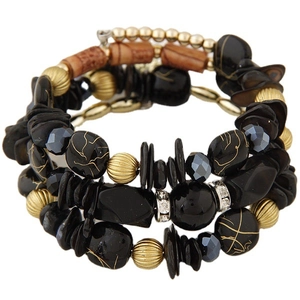 Bohemian multi-layer wrap bracelet with wood beads, shell accents, and crystal spacers