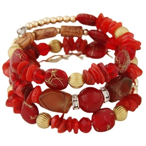 Bohemian multilayer beaded bracelet with red gravel and gold beads on white background