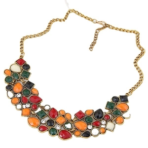 Bohemian Colorful Resin Geometric Statement Bib Necklace Retro Gold Tone Alloy Jewelry For Women