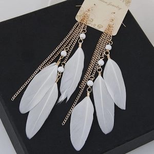 Bohemian style long white feather tassel earrings with gold chain and beads on dark base