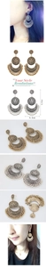 Detail view of ethnic fringe earrings featuring engraved floral patterns and sizing info