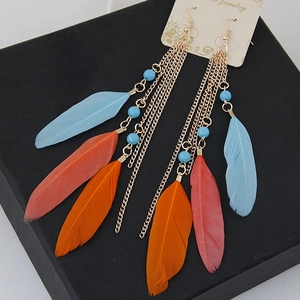 Bohemian style long tassel feather earrings with colorful beads and golden chains