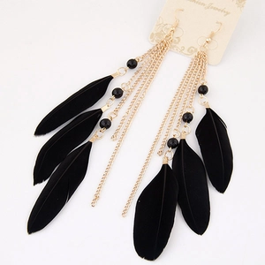 Detail view of long bohemian earrings with gold chains, black feathers and beads