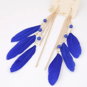 Bohemian style gold chain drop earrings with vibrant royal blue feathers and beads