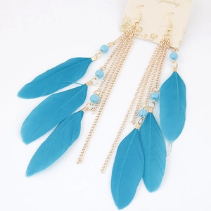 Detail of bohemian long tassel earrings with sky blue feathers and golden chains