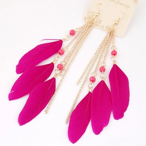 Bohemian gold chain tassel earrings with magenta feathers and beads for night club style
