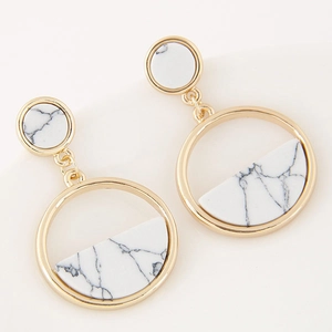 Minimalist gold geometric earrings with white marble texture stone in round hollow design