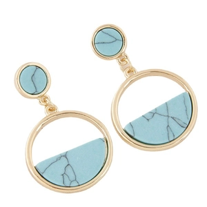 Geometric Round Drop Earrings Alloy Gold Plated Resin Inlay Faux Turquoise Marble Pattern For Women Minimalist Fashion Accessory