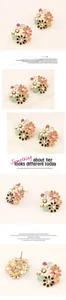 Detail of floral stud earrings with colorful enamel petals and sparkling rhinestones