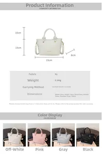 Detailed view of PU bucket bag specifications with size chart and four color options