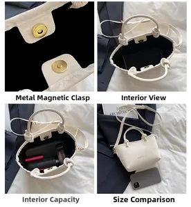 Detail view of cream bucket bag showing magnetic clasp, knot handle, and interior capacity