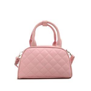 Pink quilted leather Boston bag with dual top handles and detachable shoulder strap