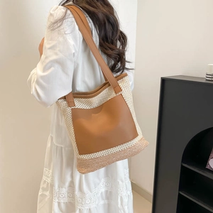 Large capacity woven straw tote bag with brown leather pocket for summer beach travel