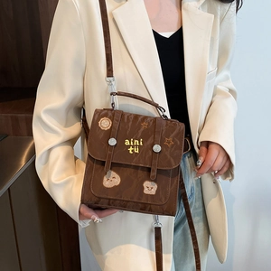 Brown pleated PU leather crossbody bag with star embroidery and top handle
