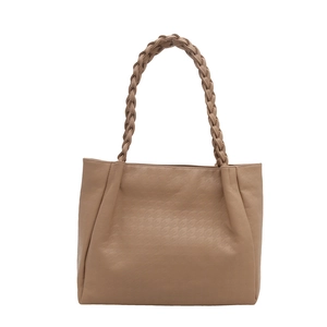 Grand sac à main en cuir marron kaki avec motif pied-de-poule et poignée tressée