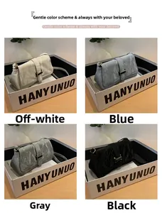 Collage of chic pleated baguette bags in beige, blue, grey, and black with metal buckles