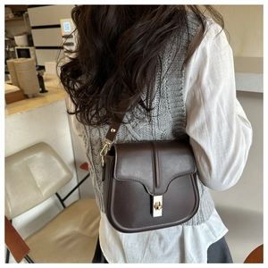 Close-up of vintage dark brown leather saddle bag with gold clasp on a model