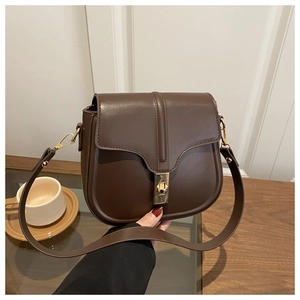 Close-up of dark brown matte leather saddle bag with gold rotating metal clasp detail