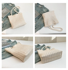Detailed views of beige straw tote bag featuring vertical texture and thick rope handles