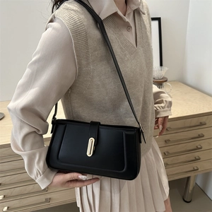 Minimalist black leather square handbag for women with elegant gold metal lock
