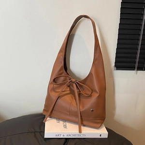 Sac à Épaule Femme en Cuir PU Rétro Style Coréen Décor de Nœud Sac Cabas Sous-Axillaire Couleur Unie Décontracté Navette Hobo