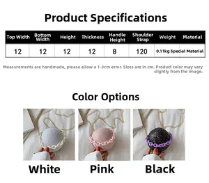 Detailed size chart and multi-color view of spherical chain mini bags with 12cm diameter