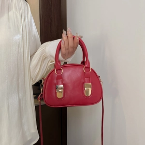 Women Fashion PU Leather Shell Handbag Korean Style Mini Bowling Bag With Gold Hardware Decorative Buckle Daily Casual Versatile Crossbody Purse
