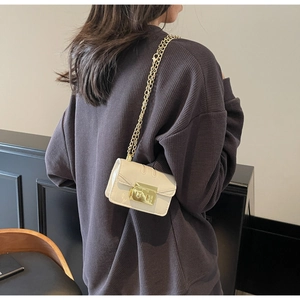 Close-up of a beige mini shoulder bag featuring a gold chain strap and a large rectangular lock