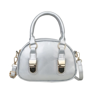 Silver metallic shell handbag with golden buckles and detachable strap on white background