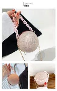 Detailed view of pink spherical evening bag with sequins and acrylic chain strap