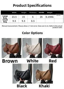 Size chart and color display for woven hobo bag set including crossbody and small pouch