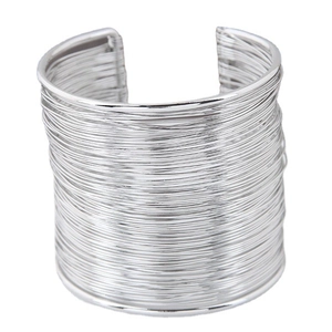 Silver layered wire wrap cuff bracelet with minimalist wide open industrial design