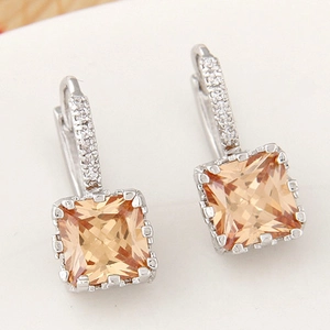 Elegant silver square champagne zircon hoop earrings with micro-pave white crystals