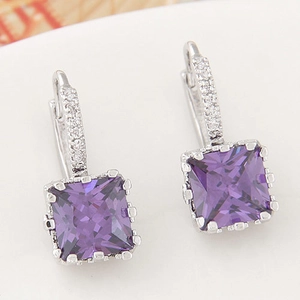 Elegant silver square earrings with purple zircon gemstone and micro-pave crystals