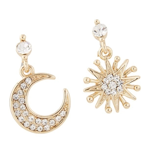 Asymmetric Moon And Star Earrings For Women Alloy Czech Rhinestone Inlaid Sweet Light Luxury Vintage Jewelry Gift